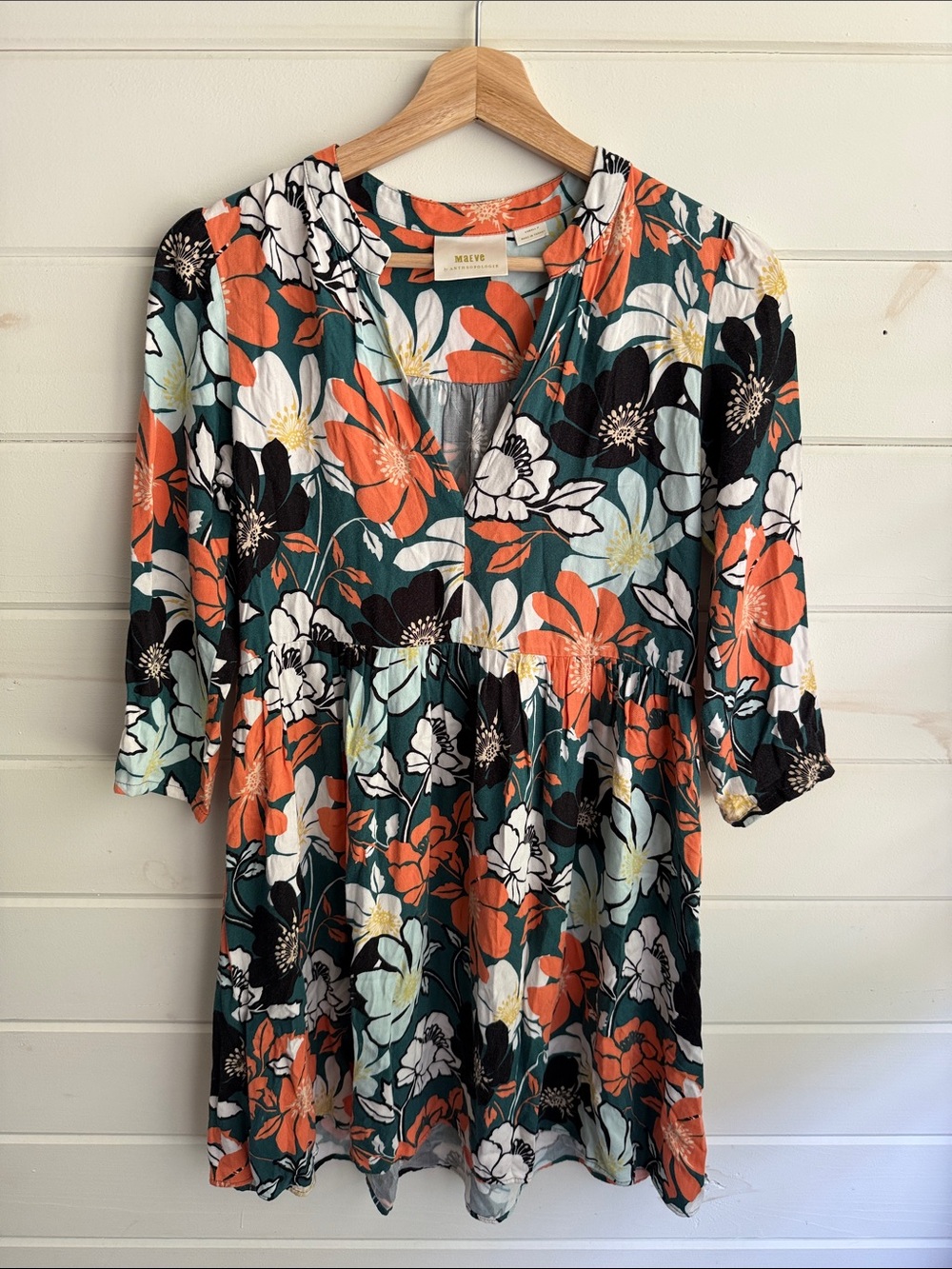 Maeve Teal Floral V-Neck Babydoll‎ Tunic with Coral and Black Blooms